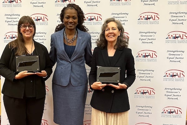 Chancellor Ellen Lyle and LAS attorney Allison Jones receive the B. Riney Green Award from TALS