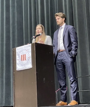 TBA YLD Mock Trial Chair Ashley Tipton and Vice Chair Michael Holmes addresses students at the 2024 Tennessee State High School Mock Trial Competition Award Ceremony