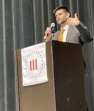 Jon Ring with the UT Baker School addresses students at the 2024 Tennessee State High School Mock Trial Competition Award Ceremony