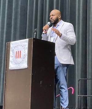 TBA YLD President Quinton Thompson addresses students at the 2024 Tennessee State High School Mock Trial Competition Award Ceremony