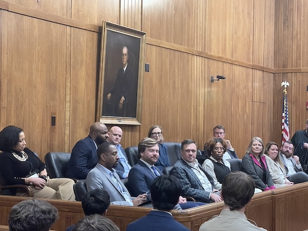 TBA leaders serve as jurors during the championship round of the 2025 State High School Mock Trial Competition