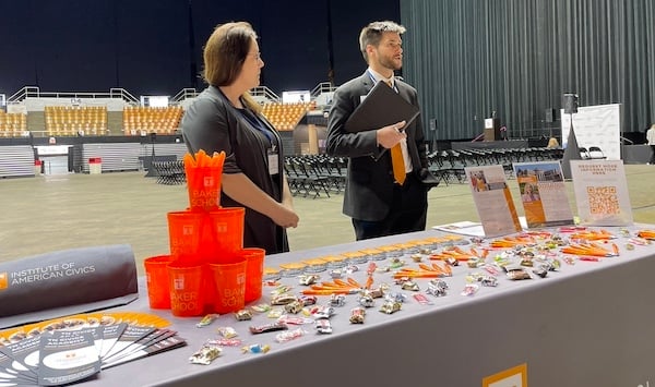 Jon Ring and Frankie Weaver with the UT Baker School talk to students at the 2024 Tennessee State High School Mock Trial Competition Award Ceremony