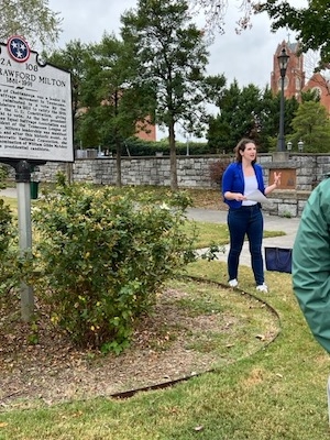 Chattanooga lawyer Claire Tuley speaks at the Abby Crawford Milton Suffrage statue in Chattanooga